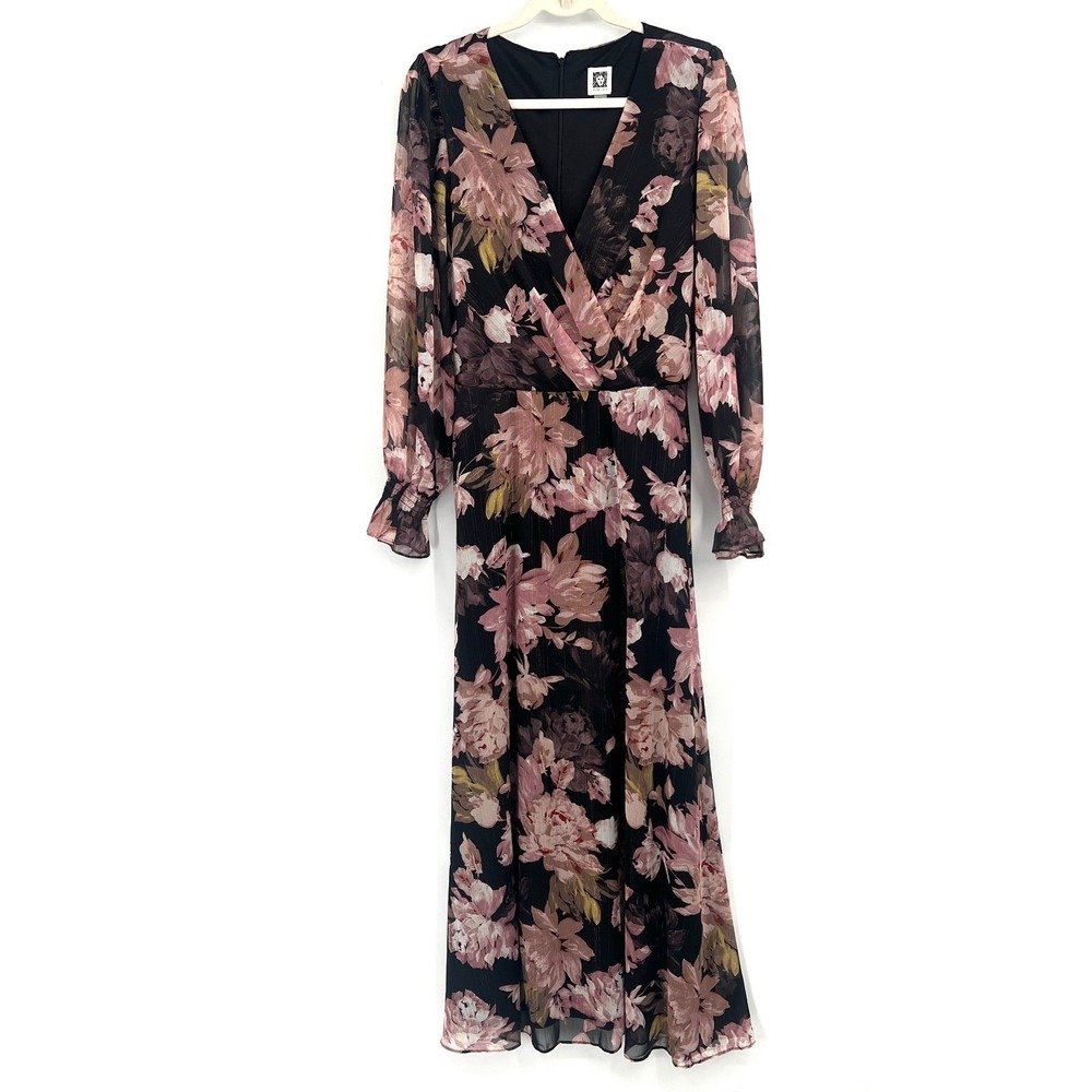 Anne Klein dark romantic floral whimsigoth fit flare maxi dress long sleeve 14
